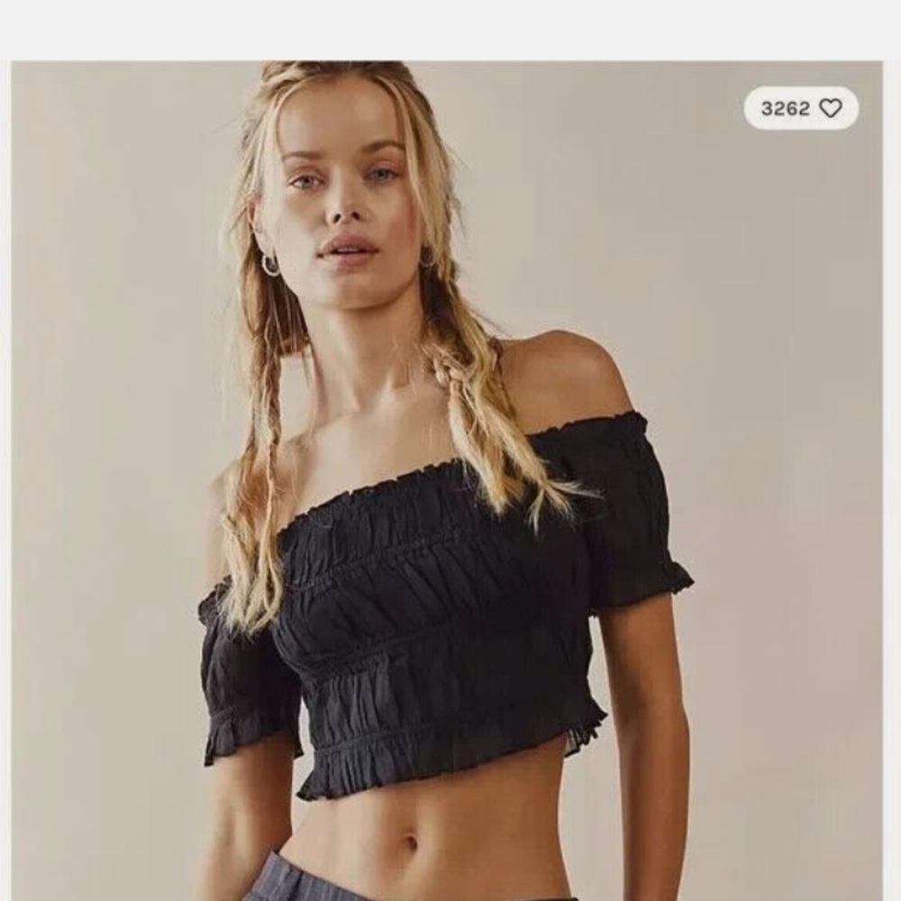 Free People Fp One Cheri Top Smocked Cropped Black Off The Shoulder Blouse S NWT